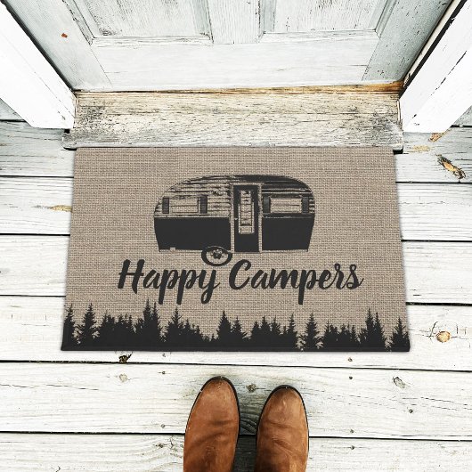 Happy Campers Camping Life Forest Rustic Burlap Deurmat