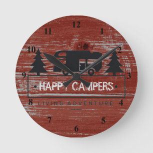 Happy Campers   Camping Red Rustin Barn Wood RV Ronde Klok