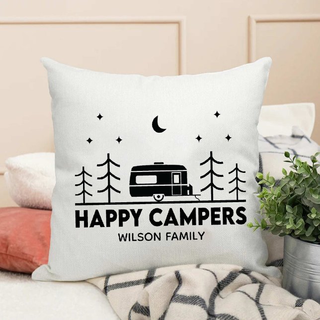 Happy Campers familienaam Outdoor Avontuur Kussen (Happy Campers family Name Outdoor Adventure Throw Pillow)