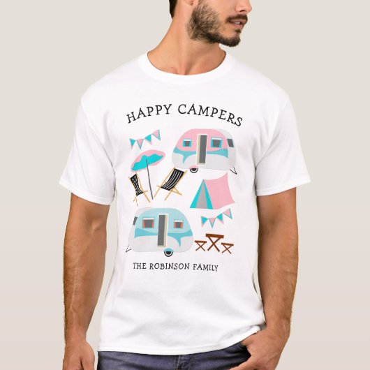 Happy Campers Familienaam Retro Caravan Camping T-shirt (Voorkant)
