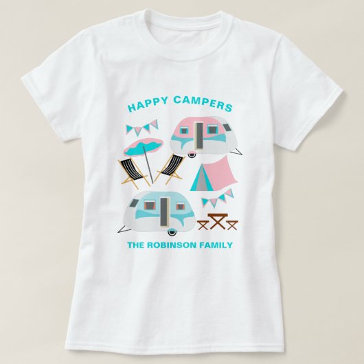 Happy Campers Familienaam Retro Caravan Camping T- T-shirt (Design voorkant)