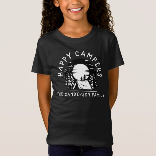 Happy Campers Family Name Camping Trip Black White T-shirt (Voorkant)