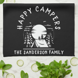 Happy Campers Family Name Camping Trip Black White Theedoek