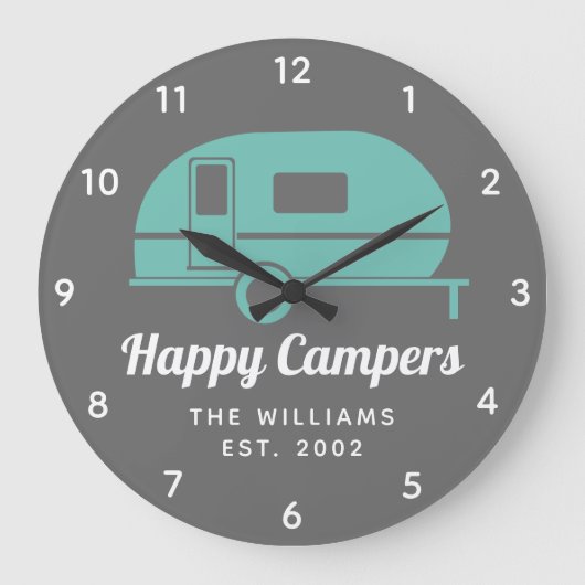 Happy Campers Grey Blauwgroen Camping Grote Klok (Voorkant)