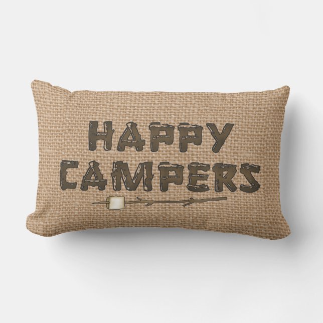 Happy Campers lumbar faux burlap pillow Buitenkussen (Voorkant)