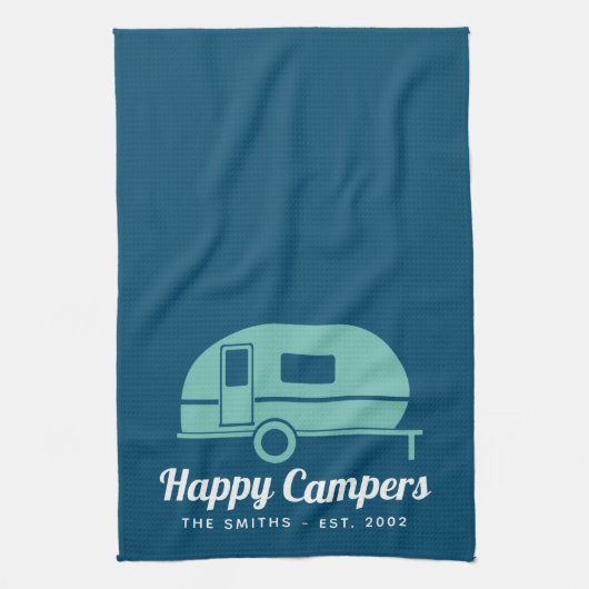 Happy Campers Navy Blauwgroen Camping Theedoek (Verticaal)