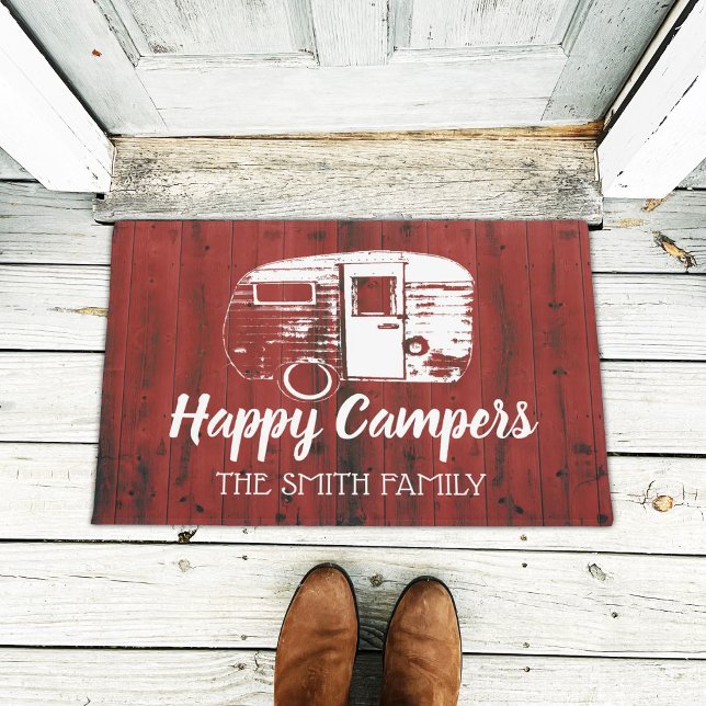 Happy Campers Red Barn Rustic Camping Family Name Deurmat (Creator heeft geüpload)