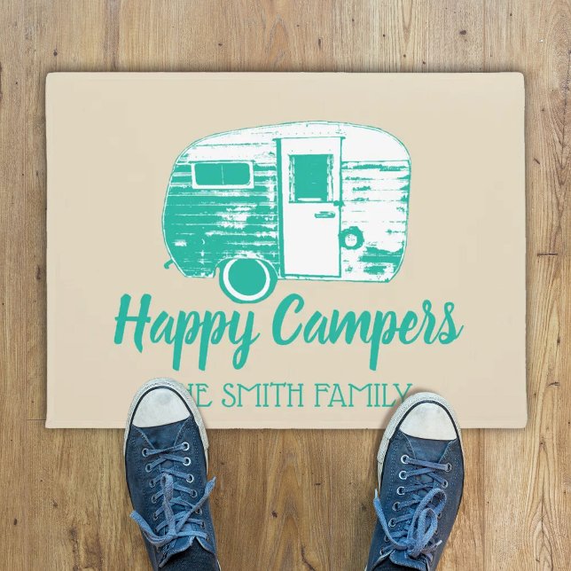 Happy Campers Retro Camper Trailer Familienaam Deurmat (Creator heeft geüpload)