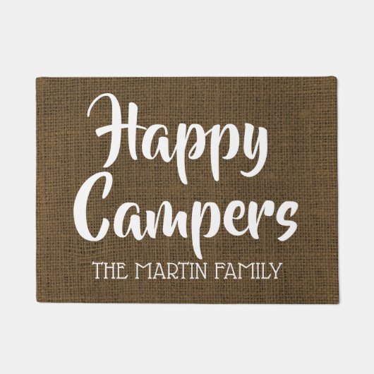 Happy Campers Rustic Burlap gepersonaliseerd Deurmat (Voorkant)