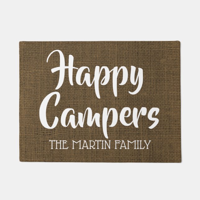 Happy Campers Rustic Burlap gepersonaliseerd Deurmat (Voorkant)