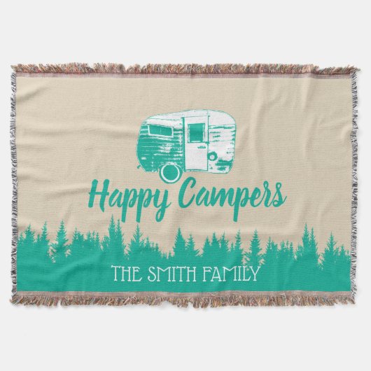 Happy Campers Rustic Camping Trailer Familienaam Deken (Voorkant)