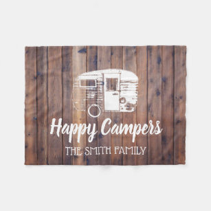 Happy Campers Rustic Camping Trailer Familienaam Fleece Deken