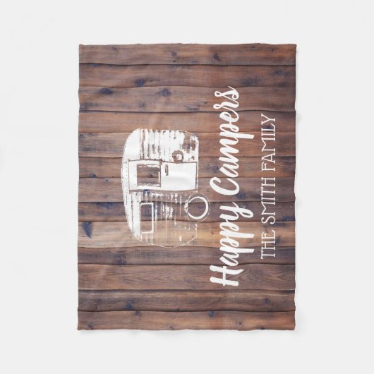 Happy Campers Rustic Camping Trailer Familienaam Fleece Deken (Voorkant)