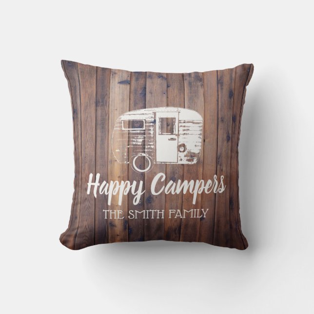 Happy Campers Rustic Camping Trailer Familienaam Kussen (Voorkant)