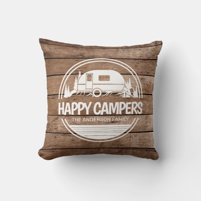 Happy Campers Rustic Wood Camping Kussen (Voorkant)