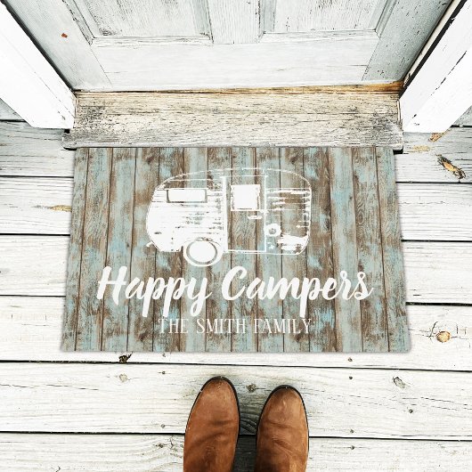 Happy Campers Rustic Wood Familienaam Deurmat