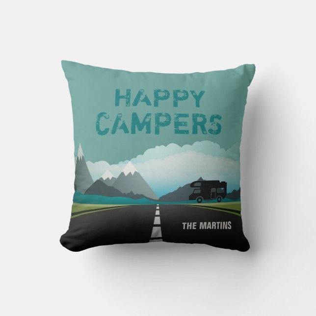 Happy Campers RV | Aangepast Blauwgroen Kussen (Voorkant)