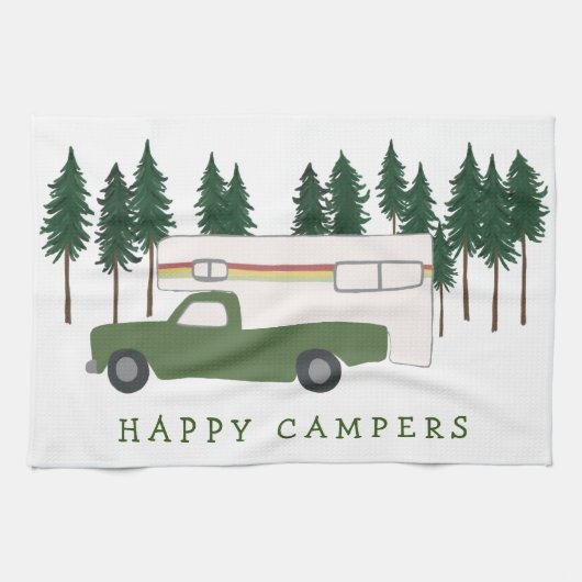 HAPPY CAMPERS Truck Camping RVing Trees Forest Theedoek (Horizontaal)
