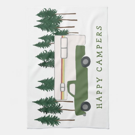 HAPPY CAMPERS Truck Camping RVing Trees Forest Theedoek (Verticaal)
