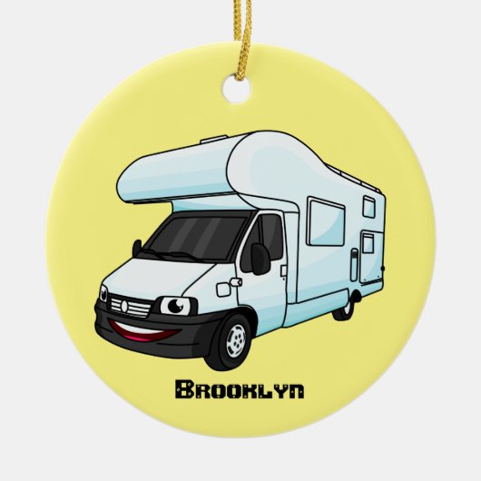 Happy campervan cartoon illustratie keramisch ornament (Voorkant)