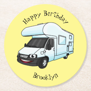 Happy campervan cartoon illustratie ronde kartonnen onderzetter