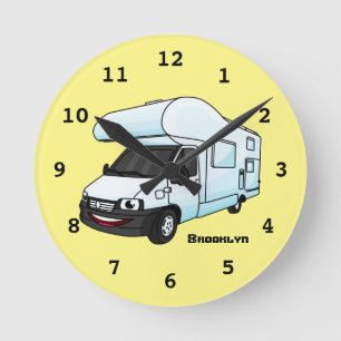 Happy campervan cartoon illustratie ronde klok