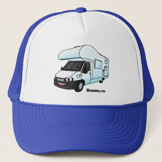 Happy campervan cartoon illustratie trucker pet (Voorkant)