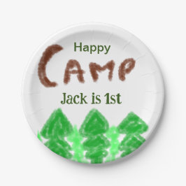 Happy camping camper één verjaardag kinder boomhou papieren bordje