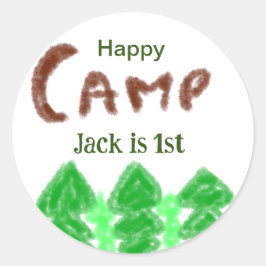 Happy camping camper één verjaardag kinder boomhou ronde sticker