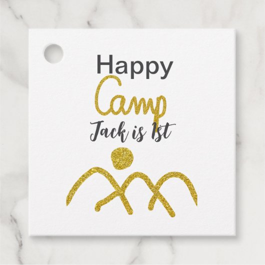 Happy camping camper een verjaardag kinder gouden  bedankjes labels (Voorkant)