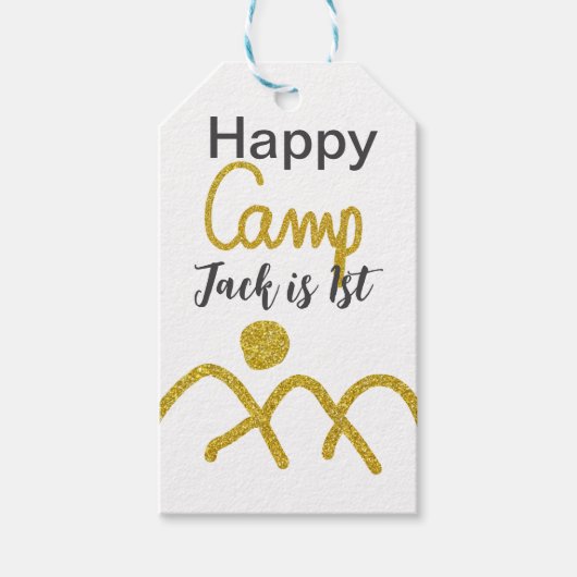 Happy camping camper one birthday kids golden sun cadeaulabel (Voorkant)
