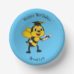 Happy cartoon bee afstuderen papieren kommen