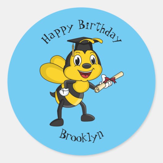 Happy cartoon bee afstuderen ronde sticker (Voorkant)