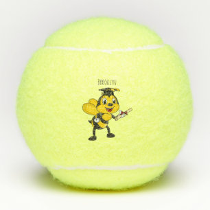 Happy cartoon bee afstuderen tennisballen