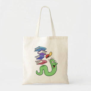 Happy Cartoon-boekworm met een stapel boeken Tote Bag