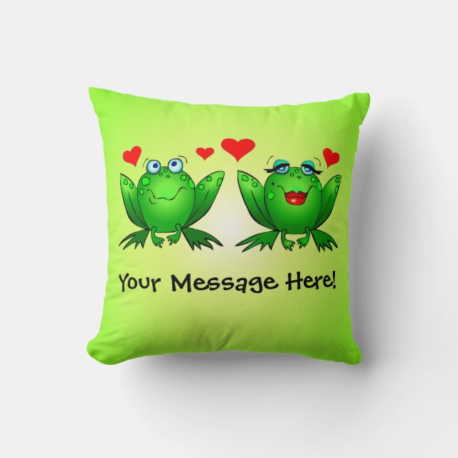 Happy Cartoon Frogs Love Hearts Green Kussen (Voorkant)