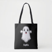 Happy Cartoon Ghost met een aangepaste naam Zwart Tote Bag (Voorkant)
