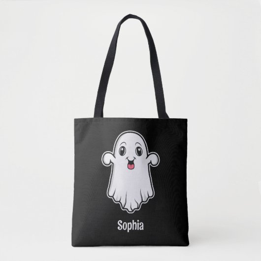 Happy Cartoon Ghost met een aangepaste naam Zwart Tote Bag (Voorkant)