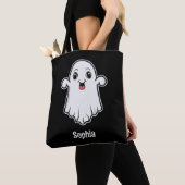 Happy Cartoon Ghost met een aangepaste naam Zwart Tote Bag (Dichtbij)