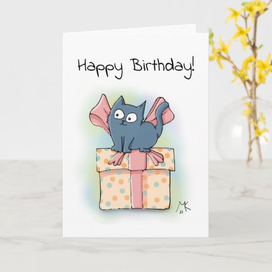 Happy Cartoon Kitten op doos met lintje Kaart (Gele Bloem)