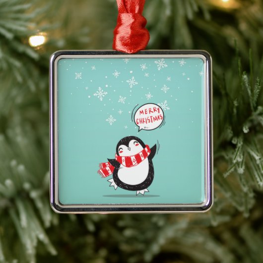 Happy Cartoon Penguin Metalen Ornament (Boom)