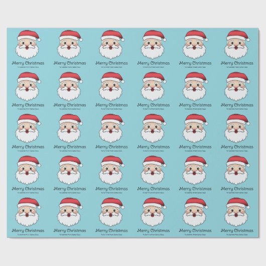 Happy Cartoon Santa Claus Head op blauw en tekst Cadeaupapier (Vlak)