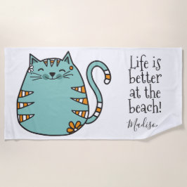 Happy Cat aangepaste naam & kleurenhanddoek Strandlaken