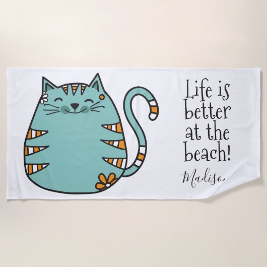 Happy Cat aangepaste naam & kleurenhanddoek Strandlaken (Voorkant)