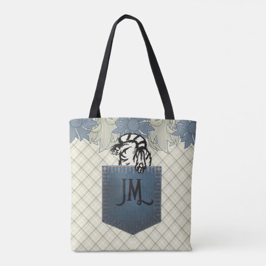 Happy Cat Blauw Bloemen Land Plaid Jean Pocket Tote Bag (Achterkant)