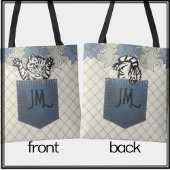 Happy Cat Blauw Bloemen Land Plaid Jean Pocket Tote Bag