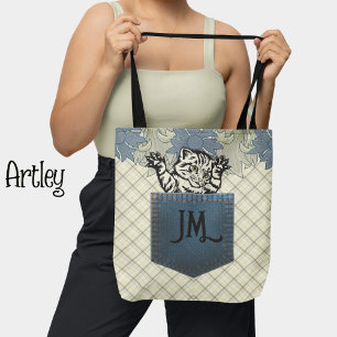 Happy Cat Blauw Bloemen Land Plaid Jean Pocket Tote Bag