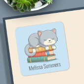 Happy Cat Book Stack Custom Name Bookplate Blue Vierkante Sticker