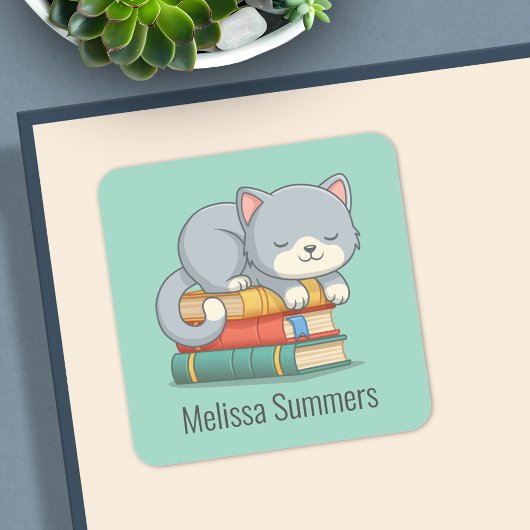 Happy Cat Book Stack Custom Name Bookplate Green Vierkante Sticker