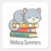 Happy Cat Book Stack Custom Name Bookplate Vierkante Sticker (Voorkant)